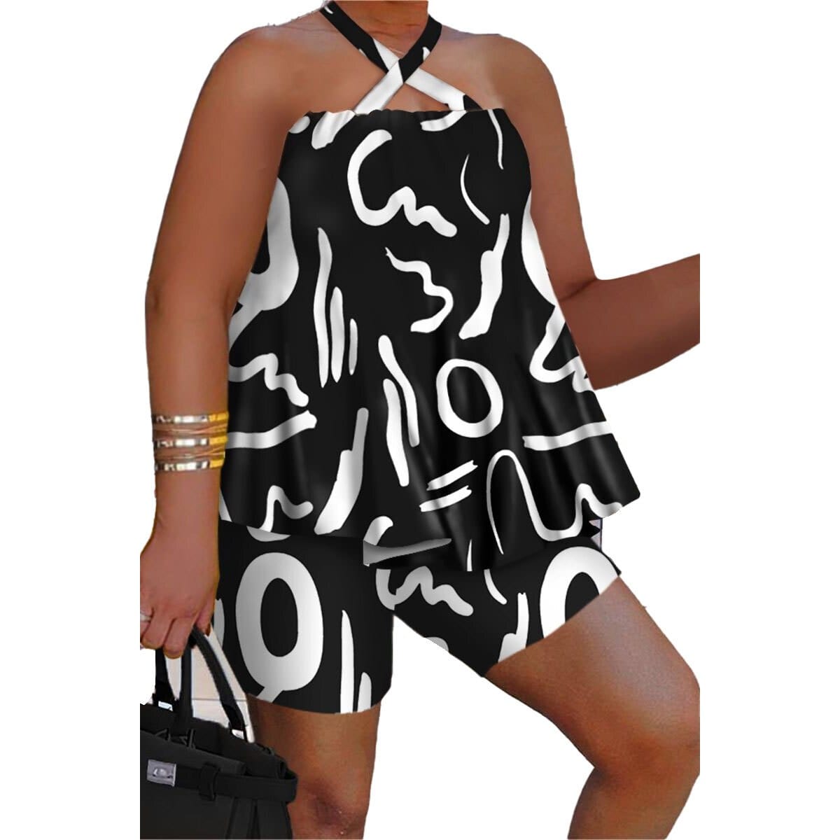 Showlu Store Nation 0 black / L Summer Printed 2 Piece Outfit Women Sexy Ruffle Two Piece Set Halter Sleeveless T Shirt Top Bodycon Shorts Pant Suit Tracksuit