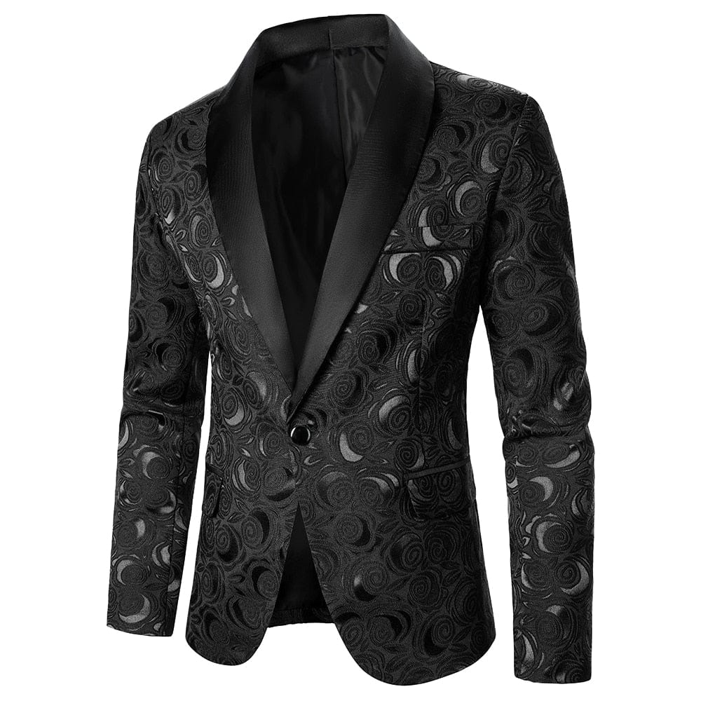 Showlu Store Nation 0 Black / S / China Men Suit Coat Rose Pattern Bright Jacquard Fabric Contrast Color Collar Party Luxury Design Causal Fashion Slim Fit Men Blazer