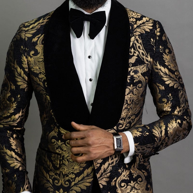 Showlu Store Nation 0 Black / XS (EU44 or US34) / China Floral Jacquard Prom Blazer for Mens African Fashion Slim Fit with Velvet Shawl Lapel Male Suit Jacket for Wedding Groom Tuxedo