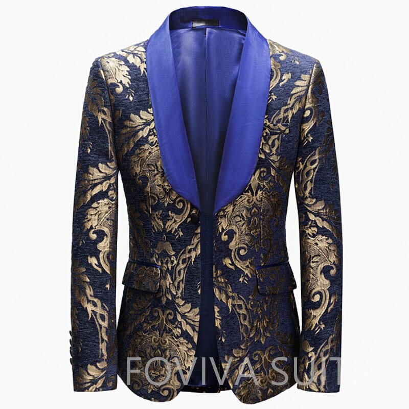 Showlu Store Nation 0 Blue Collar Blazer / XS (EU44 or US34) / China Floral Jacquard Prom Blazer for Mens African Fashion Slim Fit with Velvet Shawl Lapel Male Suit Jacket for Wedding Groom Tuxedo