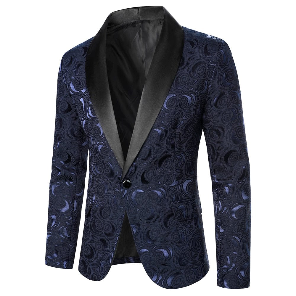 Showlu Store Nation 0 Blue / S / China Men Suit Coat Rose Pattern Bright Jacquard Fabric Contrast Color Collar Party Luxury Design Causal Fashion Slim Fit Men Blazer