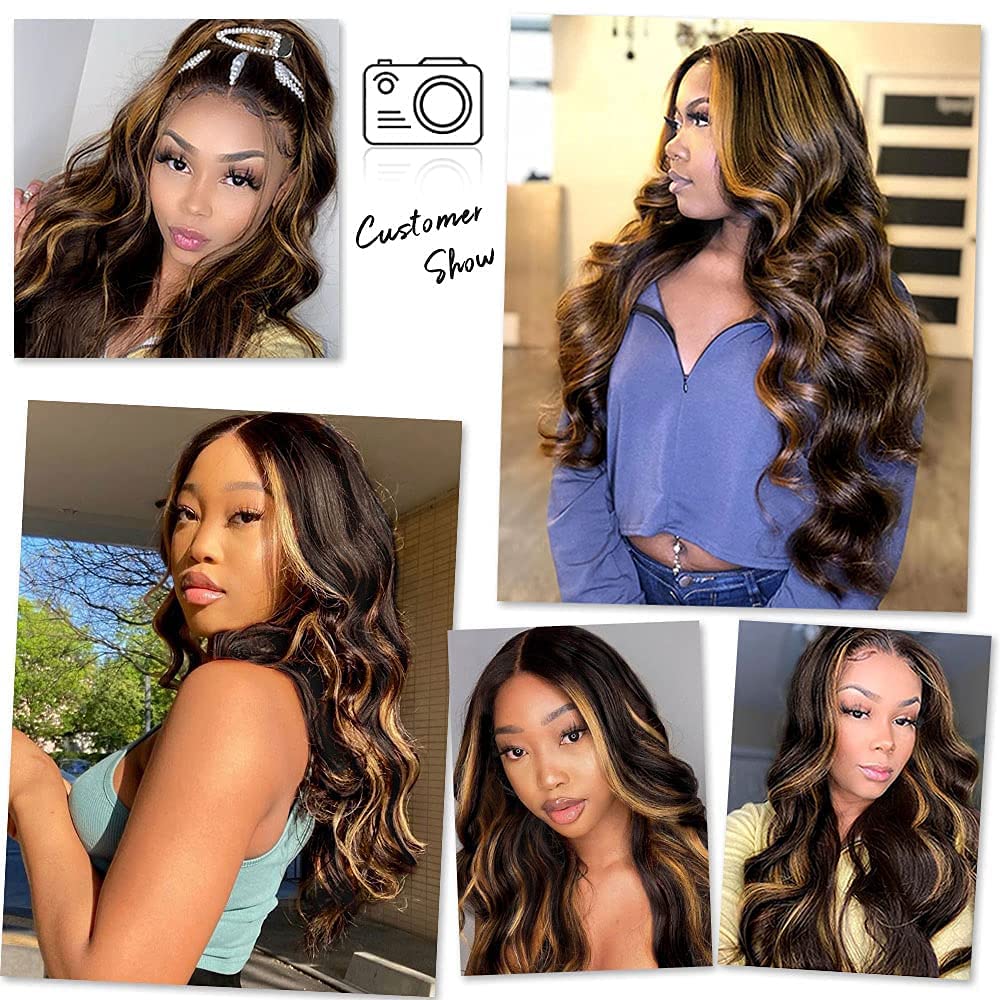 Showlu Store Nation 0 Body Wave Lace Front Wigs Highlight Lace Frontal Wigs Synthetic Omber Blonde /Red Highlight With Black Colored With Baby Hair