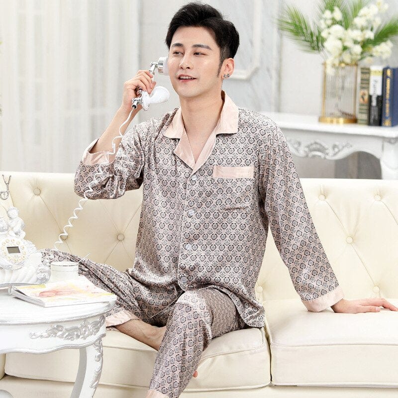 Showlu Store Nation 0 Color 15 / M Mens Pajamas for Men Solid Long Sleeve Sleep Tops Trousers Thin Sleepwear Pijama Set Nightgown Male Satin Soft Sleeping Pajamas