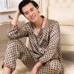 Showlu Store Nation 0 Color 3 / M Mens Pajamas for Men Solid Long Sleeve Sleep Tops Trousers Thin Sleepwear Pijama Set Nightgown Male Satin Soft Sleeping Pajamas