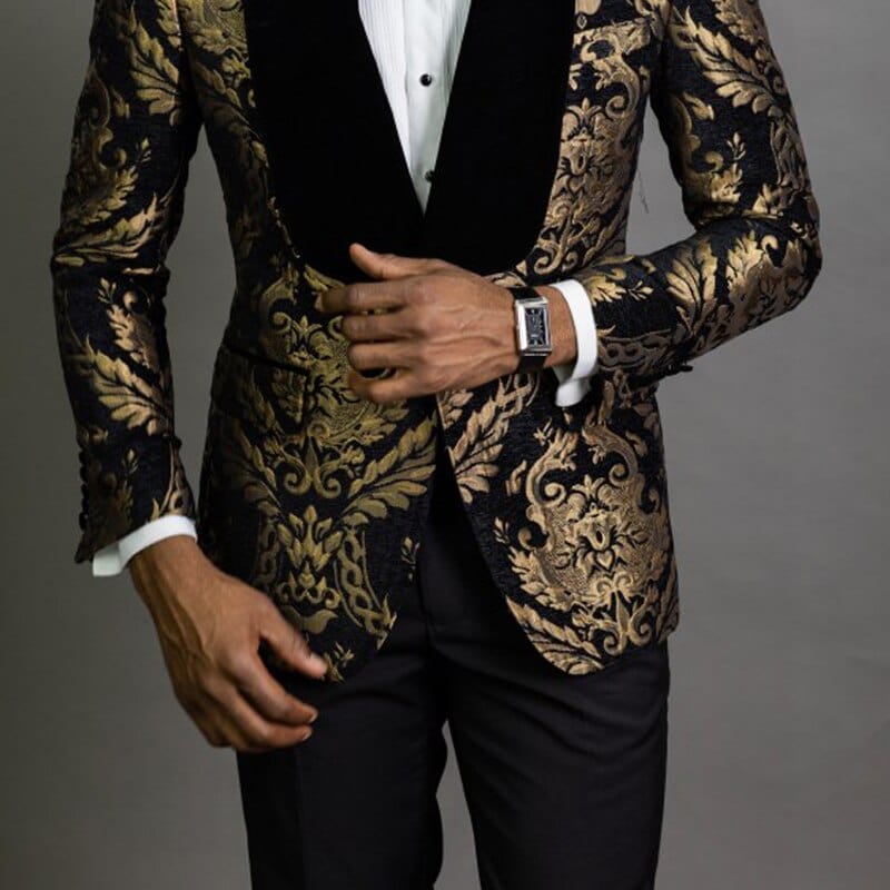 Showlu Store Nation 0 Floral Jacquard Prom Blazer for Mens African Fashion Slim Fit with Velvet Shawl Lapel Male Suit Jacket for Wedding Groom Tuxedo