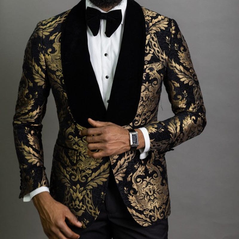 Showlu Store Nation 0 Floral Jacquard Prom Blazer for Mens African Fashion Slim Fit with Velvet Shawl Lapel Male Suit Jacket for Wedding Groom Tuxedo