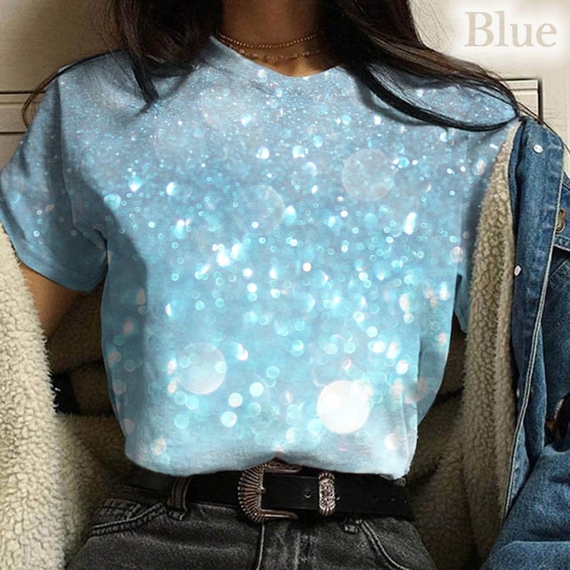 Showlu Store Nation 0 Gold / XXS New Women Color Glitter Pattern 3d Print T-shirt Women Blouse Casual Sround Neck T Shirt