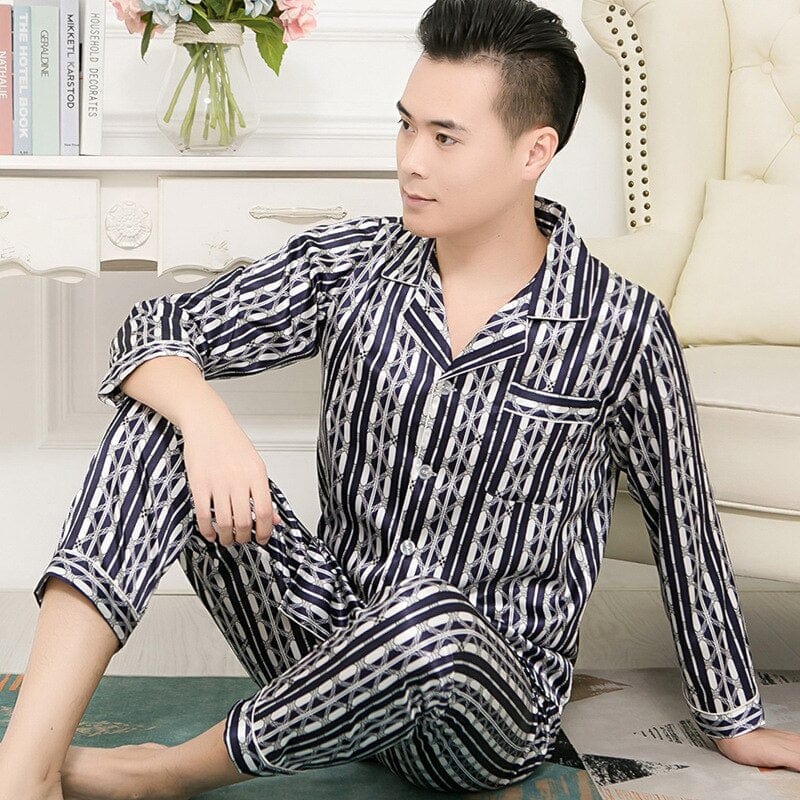 Showlu Store Nation 0 Mens Pajamas for Men Solid Long Sleeve Sleep Tops Trousers Thin Sleepwear Pijama Set Nightgown Male Satin Soft Sleeping Pajamas