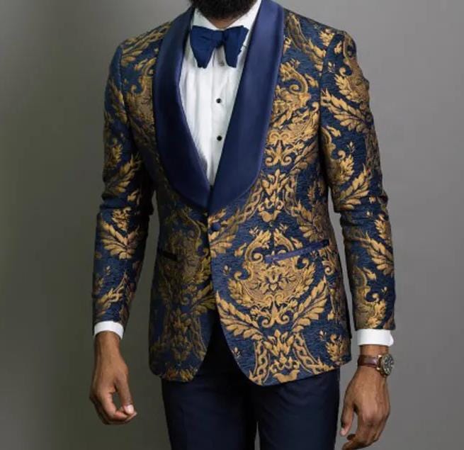 Showlu Store Nation 0 Navy Blue / XS (EU44 or US34) / China Floral Jacquard Prom Blazer for Mens African Fashion Slim Fit with Velvet Shawl Lapel Male Suit Jacket for Wedding Groom Tuxedo