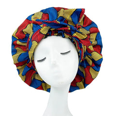 Showlu Store Nation 0 New African Ankara Pattern Satin Linned Bonnet Women Long Ribbon Headwrap Double Layer Headscarf Big Size Adult Hair Cover