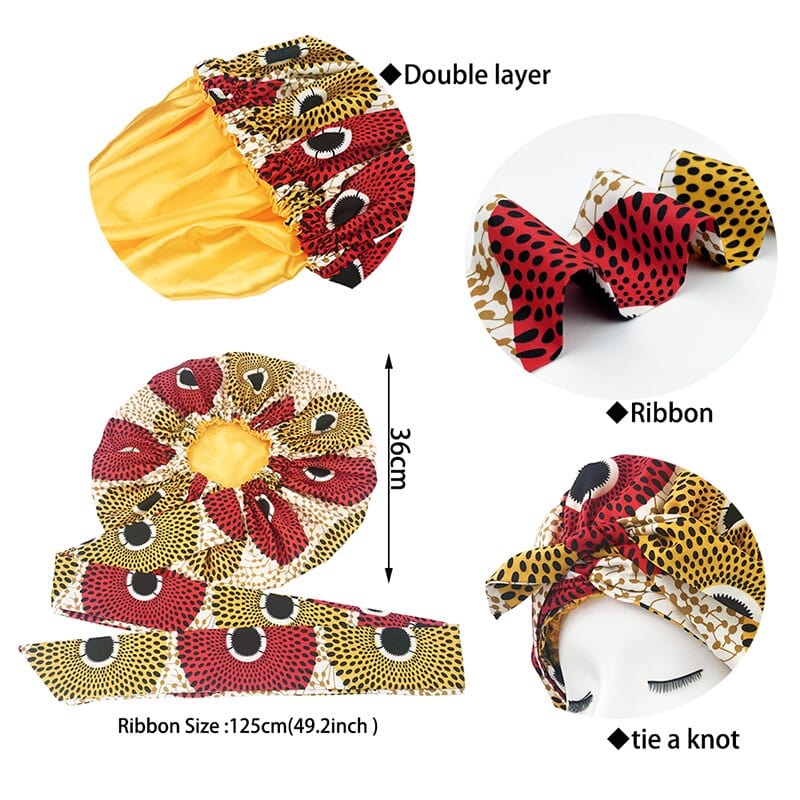 Showlu Store Nation 0 New African Ankara Pattern Satin Linned Bonnet Women Long Ribbon Headwrap Double Layer Headscarf Big Size Adult Hair Cover