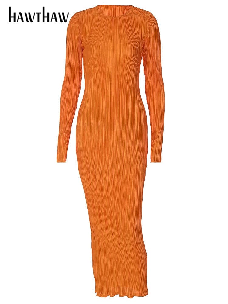 Showlu Store Nation 0 Orange / S Hawthaw Women Fashion Long Sleeve Streetwear Bodycon Orange Midi Dress 2022 Autumn Clothes Wholesale Items For Business