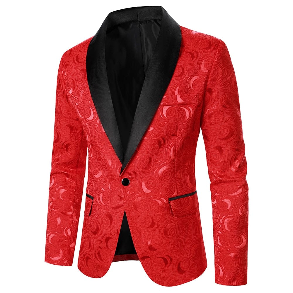 Showlu Store Nation 0 Red / S / China Men Suit Coat Rose Pattern Bright Jacquard Fabric Contrast Color Collar Party Luxury Design Causal Fashion Slim Fit Men Blazer