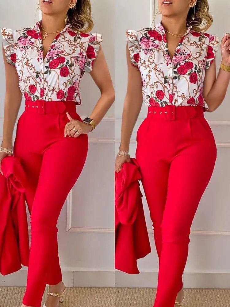 Showlu Store Nation 0 Red / S Sleek Two-Piece Lotus Leaf Set