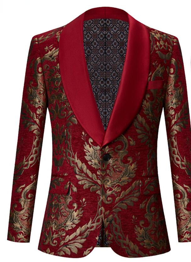 Showlu Store Nation 0 Red Tux Blazer / XS (EU44 or US34) / China Floral Jacquard Prom Blazer for Mens African Fashion Slim Fit with Velvet Shawl Lapel Male Suit Jacket for Wedding Groom Tuxedo