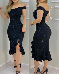 Showlu Store Nation 0 shiny black / S Women Sexy Shiny Rhinestone Embellished Off Shoulder Bodycon Dress