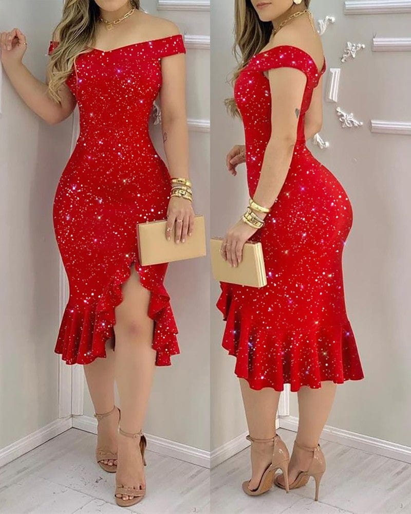 Showlu Store Nation 0 shiny red / S Women Sexy Shiny Rhinestone Embellished Off Shoulder Bodycon Dress