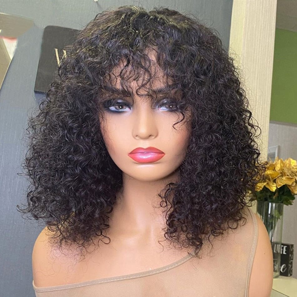 Showlu Store Nation 0 Short Water Wave Pixie Cut Bob Human Hair Wig With Bangs Full Machine Wigs For Black Women Remy Perruque Cheveux Humain Curly