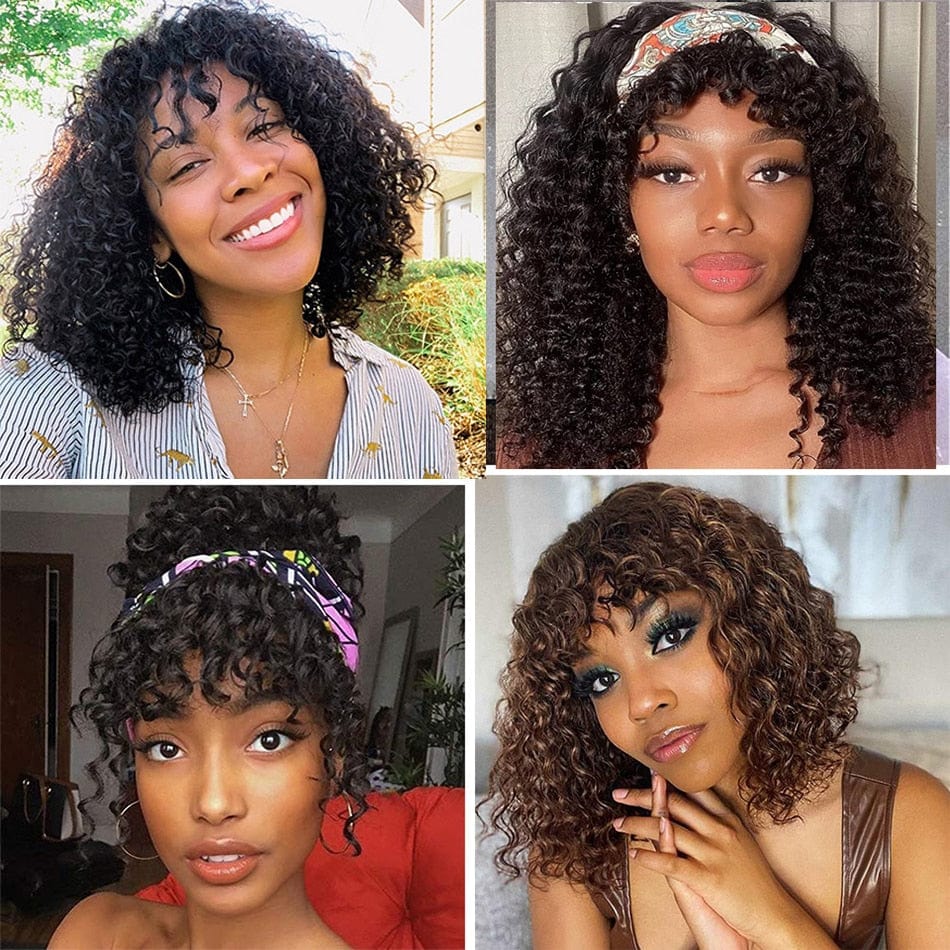 Showlu Store Nation 0 Short Water Wave Pixie Cut Bob Human Hair Wig With Bangs Full Machine Wigs For Black Women Remy Perruque Cheveux Humain Curly