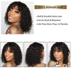 Showlu Store Nation 0 Short Water Wave Pixie Cut Bob Human Hair Wig With Bangs Full Machine Wigs For Black Women Remy Perruque Cheveux Humain Curly