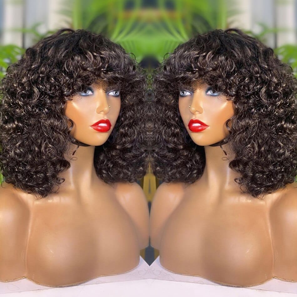 Showlu Store Nation 0 Short Water Wave Pixie Cut Bob Human Hair Wig With Bangs Full Machine Wigs For Black Women Remy Perruque Cheveux Humain Curly