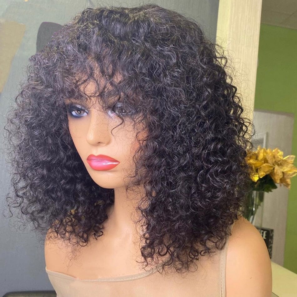 Showlu Store Nation 0 Short Water Wave Pixie Cut Bob Human Hair Wig With Bangs Full Machine Wigs For Black Women Remy Perruque Cheveux Humain Curly