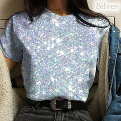 Showlu Store Nation 0 Sky Blue / XXS New Women Color Glitter Pattern 3d Print T-shirt Women Blouse Casual Sround Neck T Shirt