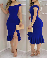 Showlu Store Nation 0 solid blue no bling / M Women Sexy Shiny Rhinestone Embellished Off Shoulder Bodycon Dress