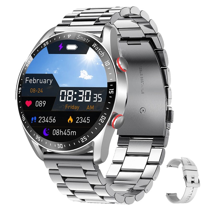 Showlu Store Nation 0 steel strip silver ECG+PPG Bluetooth Call Smart Watch Men Laser Health Blood Pressure Fitnes Sports Watches Man Sports Waterproof Smartwatch+Box