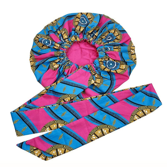 Showlu Store Nation 0 style10 New African Ankara Pattern Satin Linned Bonnet Women Long Ribbon Headwrap Double Layer Headscarf Big Size Adult Hair Cover