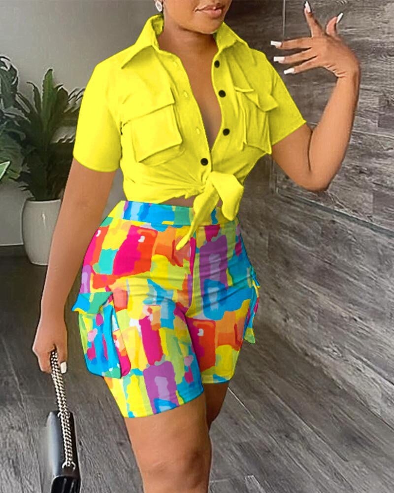 Showlu Store Nation 0 Summer Printed 2 Piece Set Women Casual Letter Two Piece Outfit Button Down Shirt Top Bodycon Shorts Suit Women Tracksuit