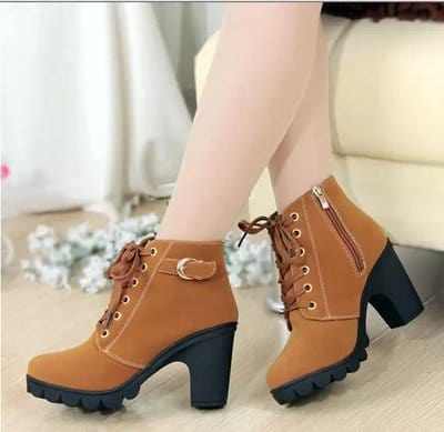 Showlu Store Nation 0 Winter 2022 New High Heeled Women Boots Cross Straps Short Boots Comfortable Waterproof Boots Warm Plus Size 42 Botas Femininas