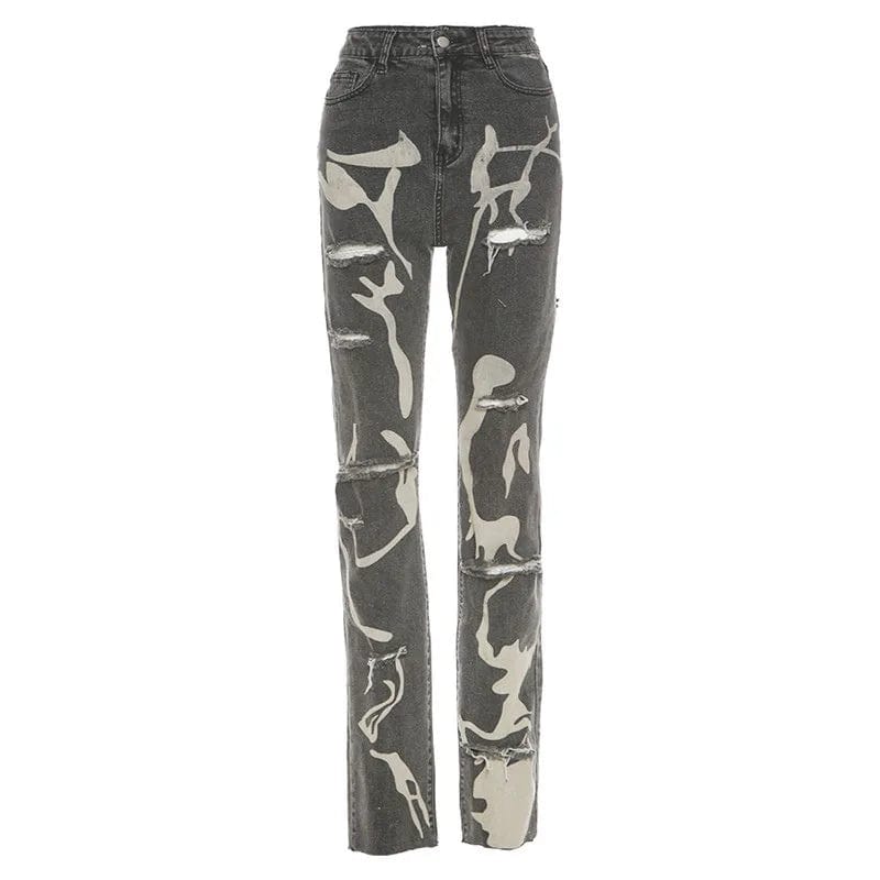 Sifreyr Casual Ripped Hole Jeans Women Fashion Gray Print High Waist Denim Skinny Trousers Streetwear Bottoms Y2K Stacked Pants - SHOWLU FASHION STORE