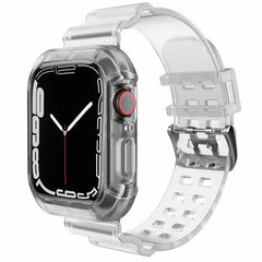 A transparent silicone watch band and protective case for an Apple Watch.