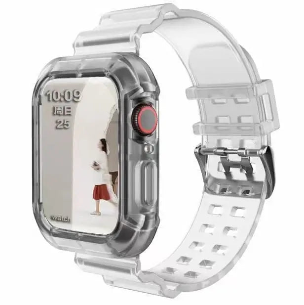 Transparent silicone sport loop band for Apple Watch Series 3-8, 38mm to 45mm, showing the adjustable strap and watch interface.