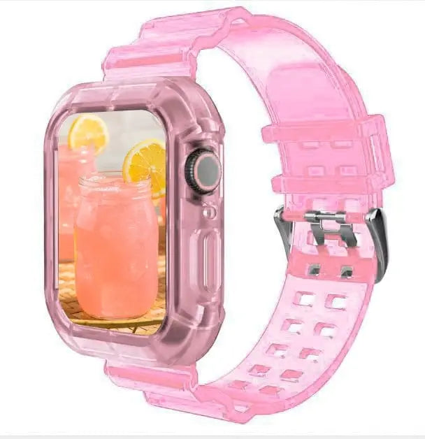 Transparent silicone sport loop band for Apple Watch Series 8-3, designed for 38mm to 45mm models, with adjustable fit.