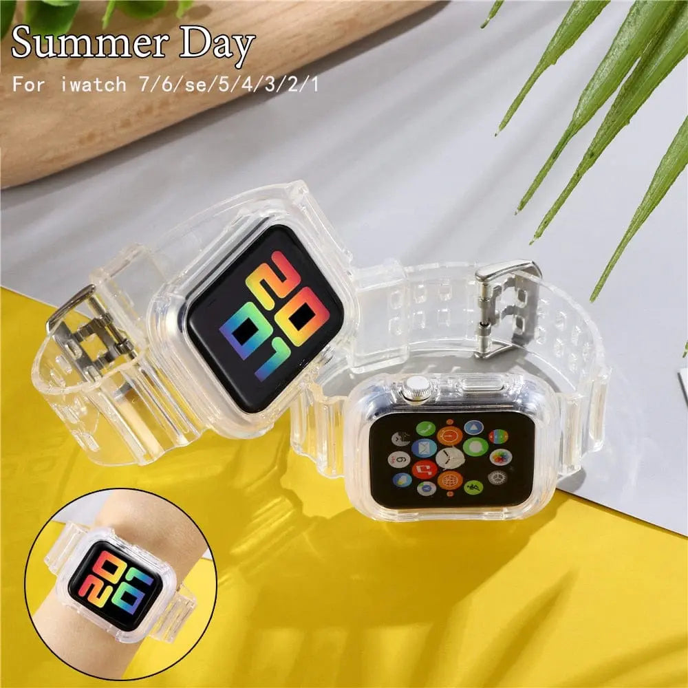 Transparent silicone Sport Loop band for Apple Watch Series 8-3, designed for 38mm to 45mm models, flexible and comfortable fit.