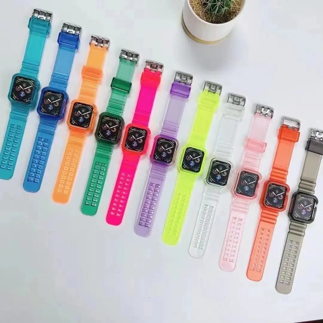 Showlu transparent silicone sport loop band for Apple Watch Series 8 to 3 in 40-45mm, flexible and lightweight wrist strap.