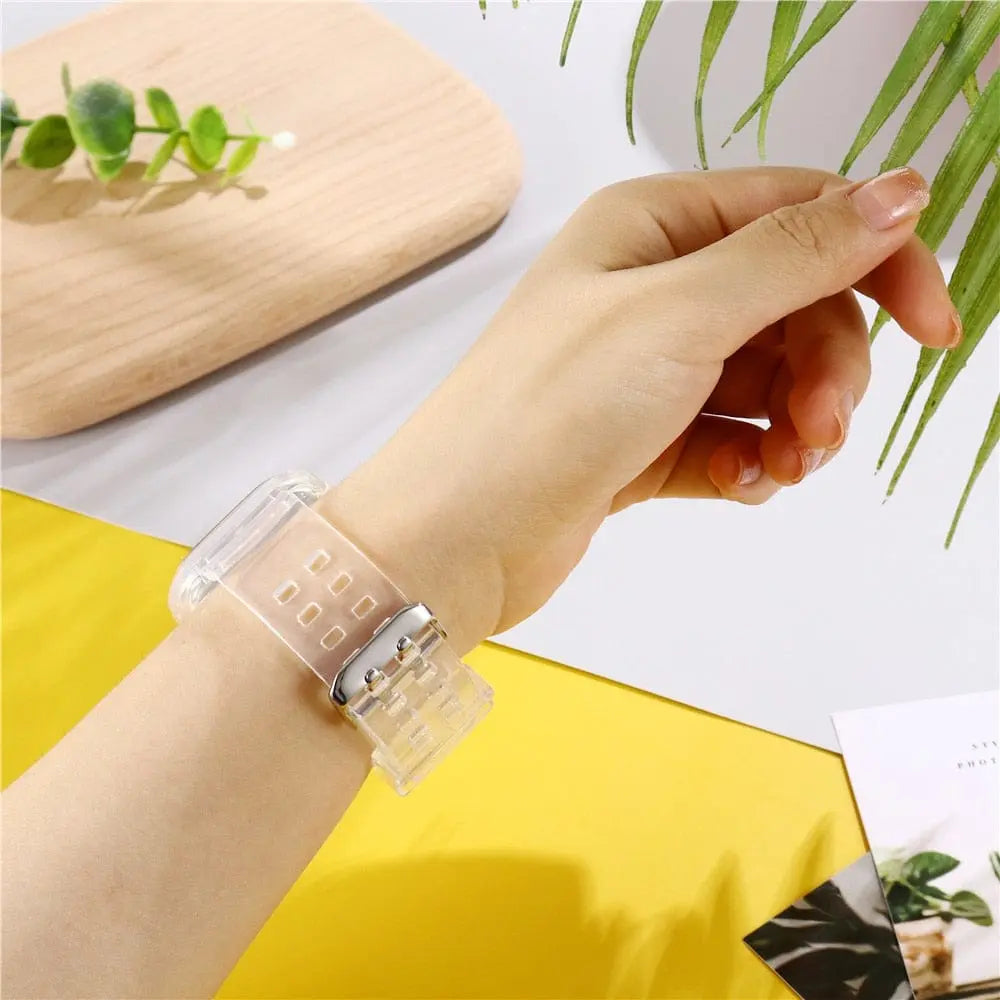 Showlu transparent silicone sport loop band for Apple Watch Series 8-3, 40mm-45mm, flexible and comfortable for wrist wear.
