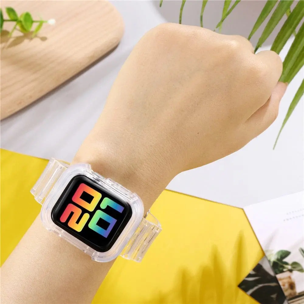 Showlu transparent silicone sport loop band for Apple Watch Series 8 to 3, 40mm to 45mm, flexible wrist strap for iWatch models.