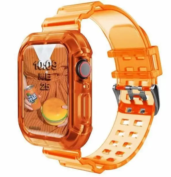 Showlu transparent silicone sport loop band for Apple Watch Series 8-3, 38mm to 45mm, with adjustable wrist strap and breathable design.