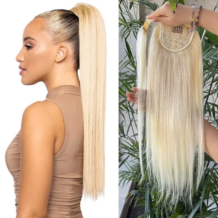 Showlu 613 blonde silk straight wrap ponytail made of 100% Remy human hair with clip-in design and natural blonde color.