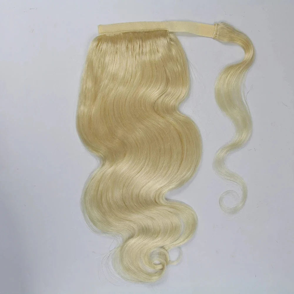 Showlu 613 blonde silk straight wrap ponytail made from 100% Remy human hair with clip-in design and natural blonde color.