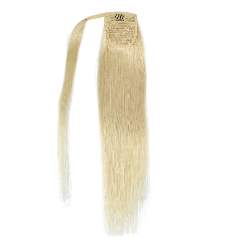 Showlu 613 blonde silk straight wrap ponytail made of 100% Remy human hair with European body wave texture and clip-in design.