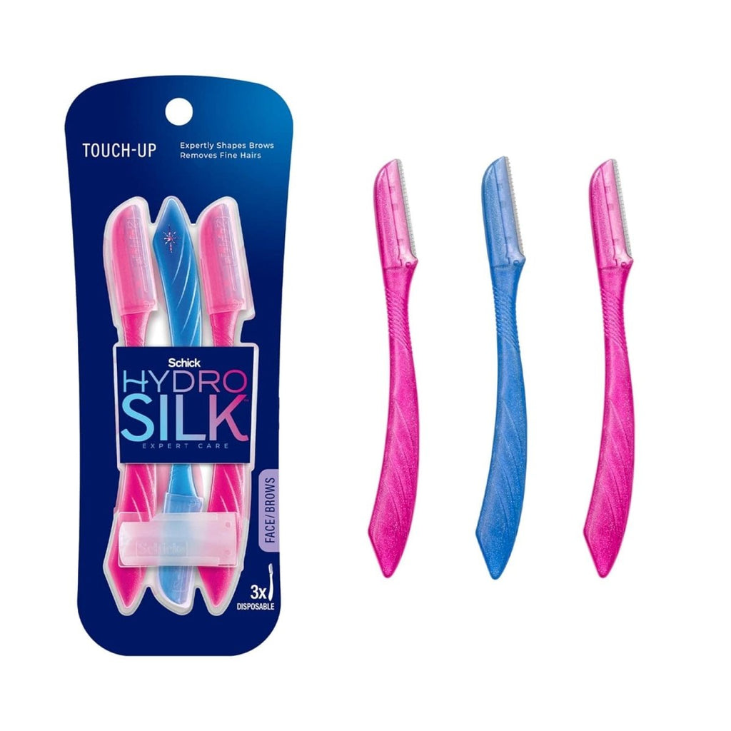 Schick Hydro Silk Touch-Up Dermaplaning Tool with precision cover, 3-pack face and eyebrow razors for women.