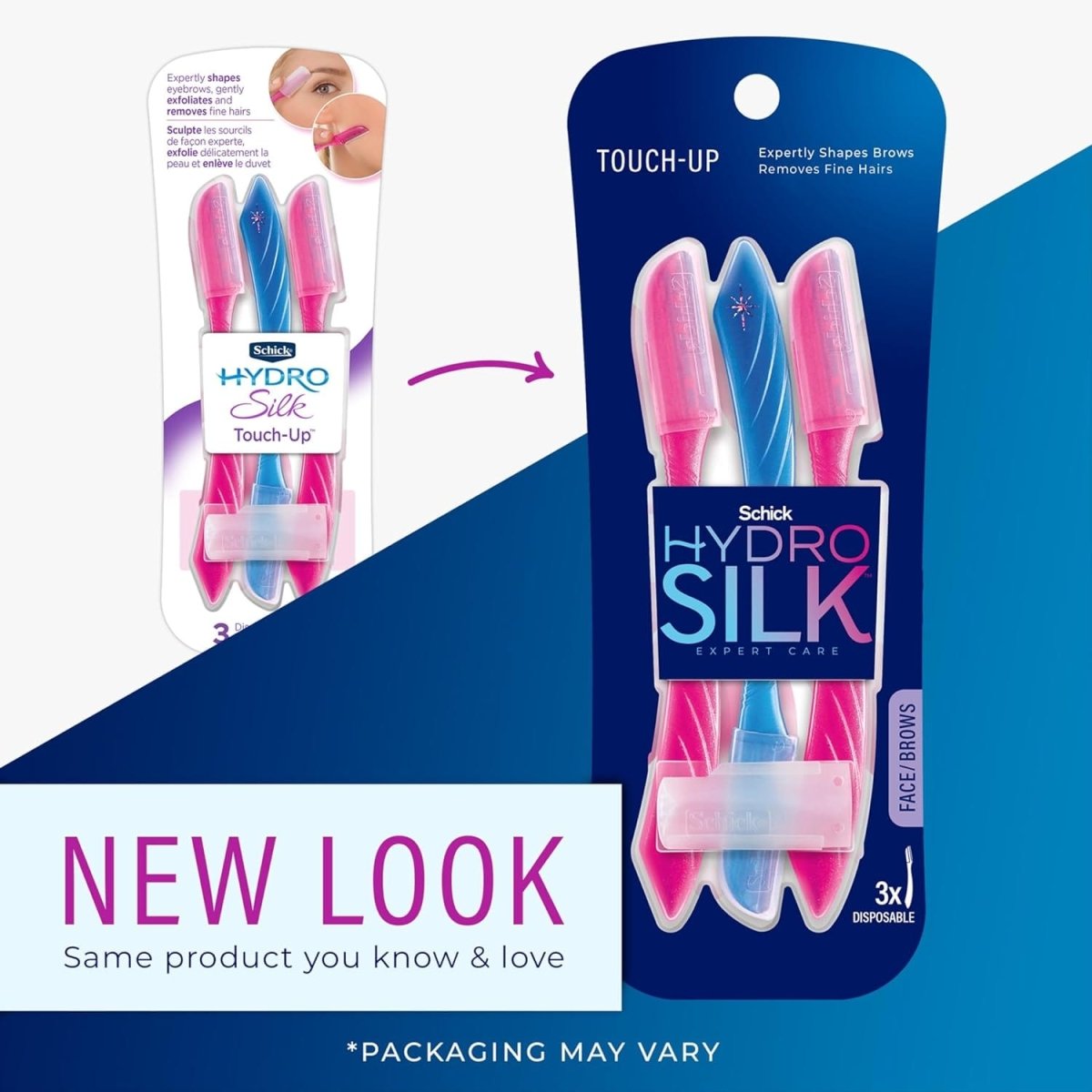 Schick Hydro Silk Touch-Up Dermaplaning Tools with precision covers, set of 3 facial and eyebrow razors for women.