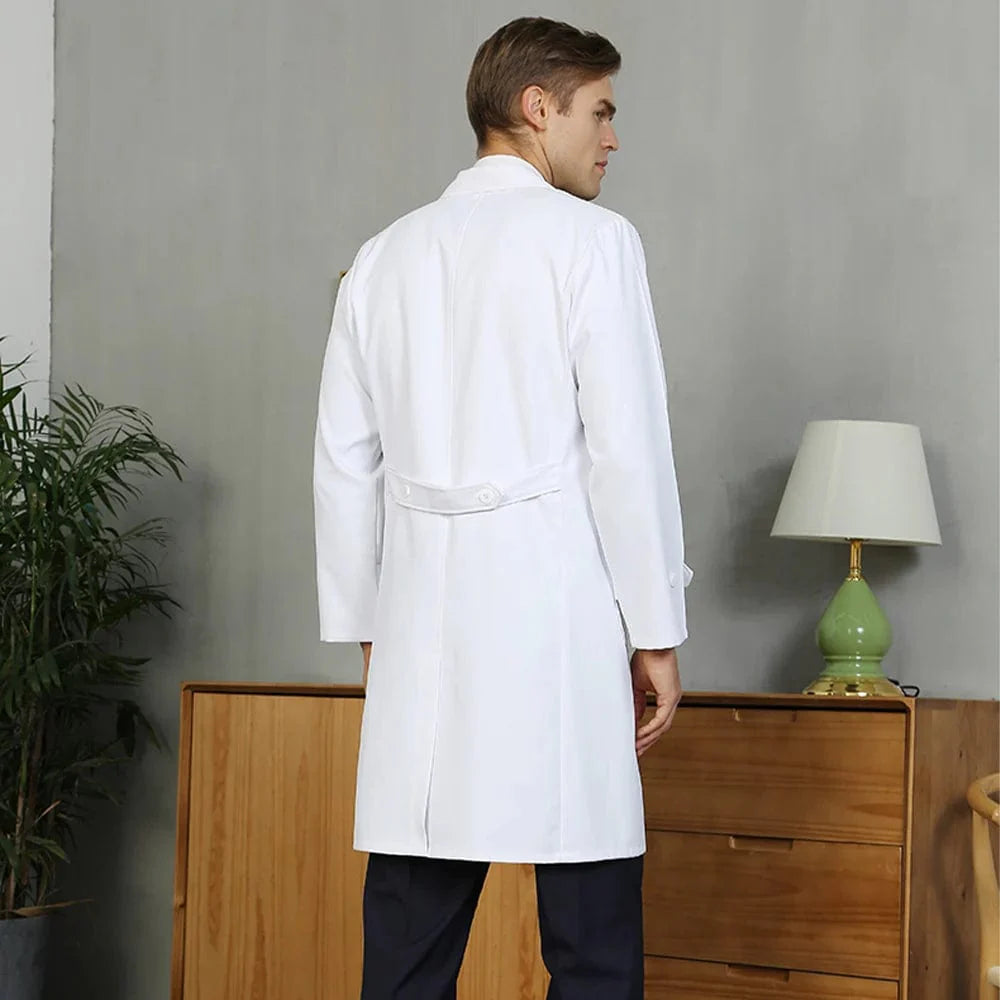 Silky white Showlu anti-static unisex pharmacy lab coat with waist tabs, suitable for medical professionals and dentists
