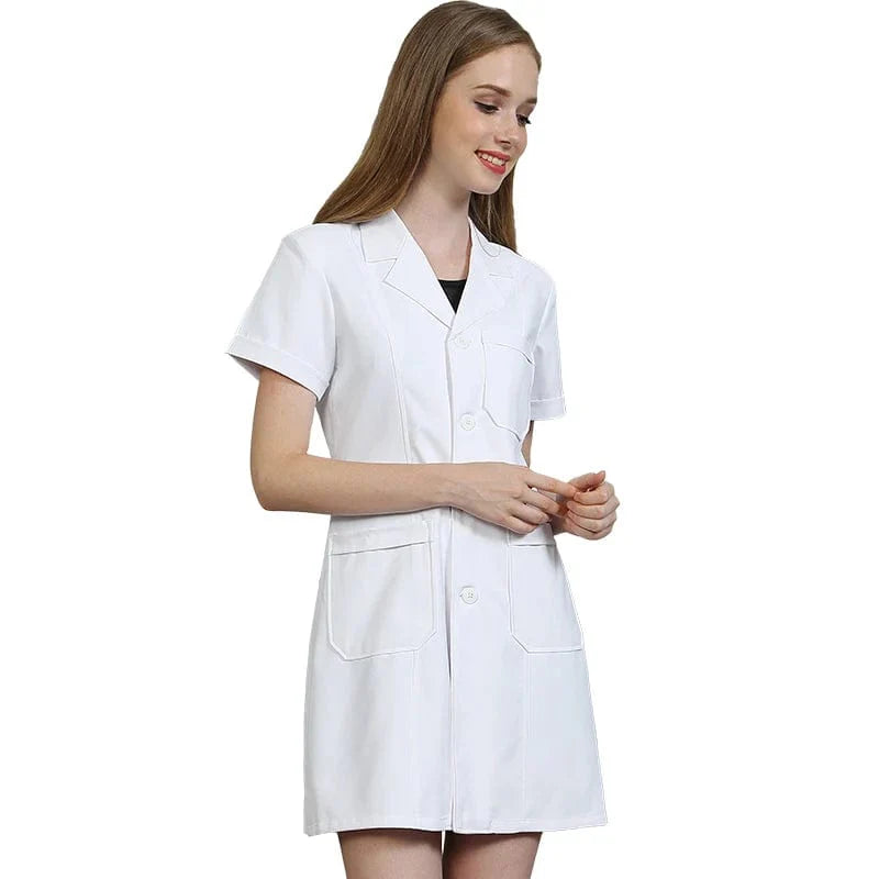 Showlu unisex milk white anti-static lab coat with waist tab, silky fabric, suitable for pharmacy, dental, and medical professionals.