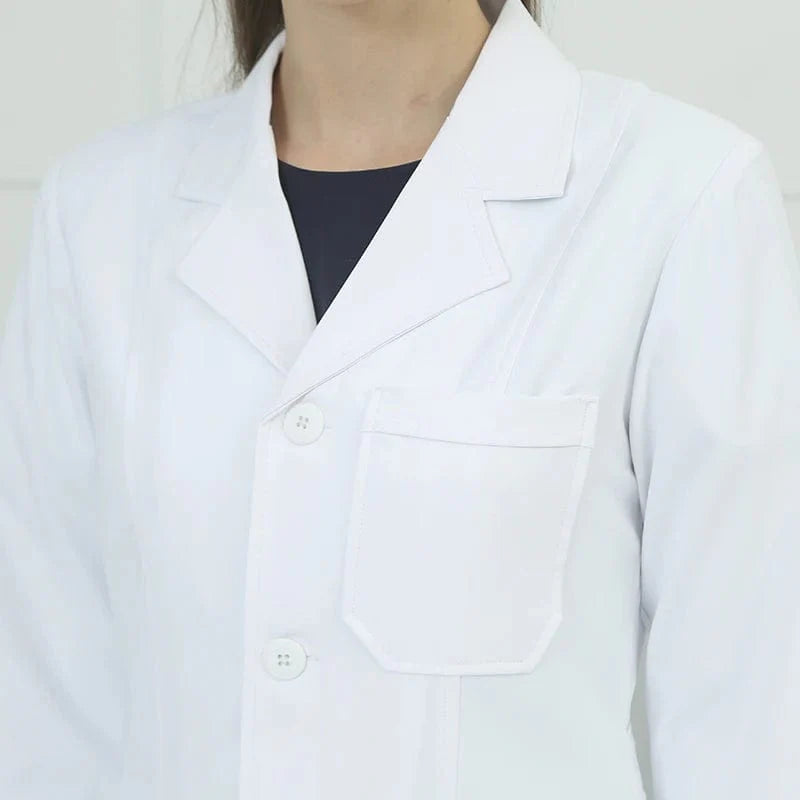 Showlu unisex milk white anti-static lab coat with silky twill fabric, featuring a tab waist, suitable for pharmacy, dentist, or medical use.