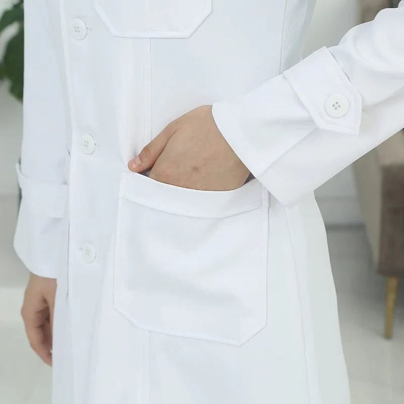 Silky white Showlu anti-static unisex lab coat with tab waist design, ideal for pharmacy, medical, and dental professionals